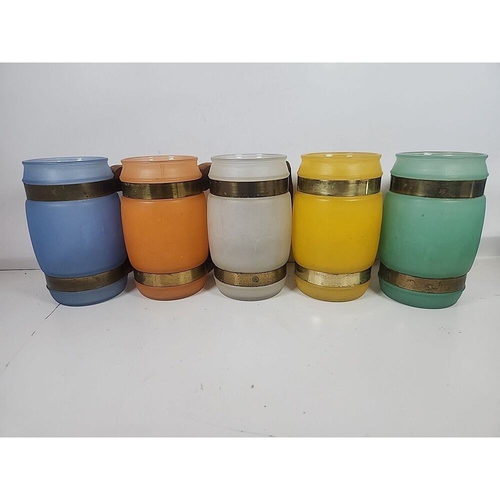 Siesta Ware Brass Banded Barrel Frosted Glass Mugs Wood Handles Set Of 5